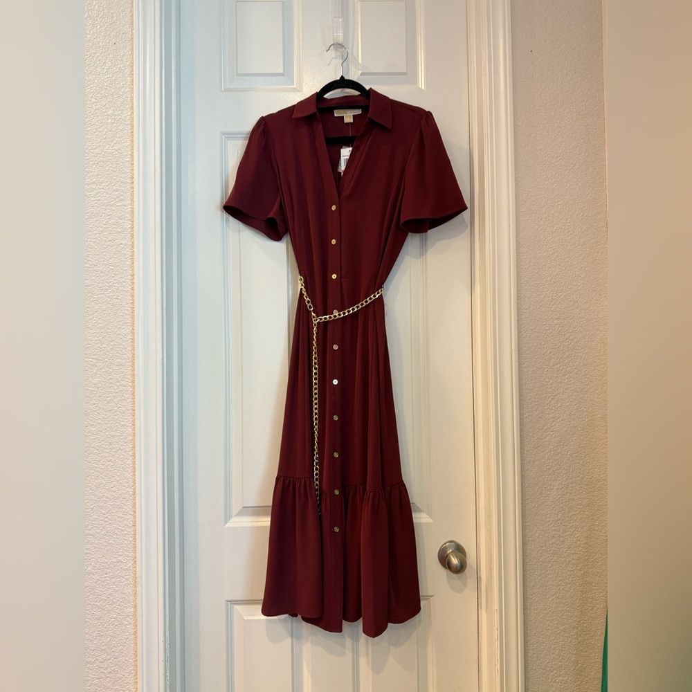 Michael Kors Burgundy Midi Button Up Dress with Gold Chain